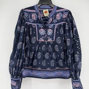 FARM Rio Blue Ayla Long Sleeve Blouse Paisley Floral Eyelet Sleeves Small